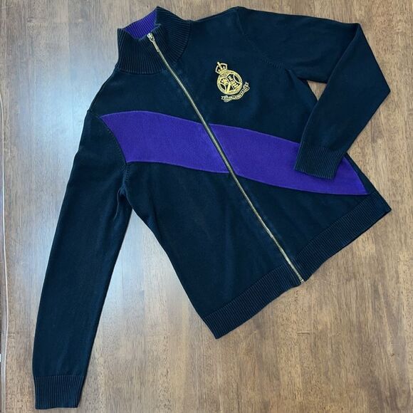 Lauren Ralph Lauren Sweaters - VINTAGE LAUREN RALPH LAUREN PURPLE  BLACK FULL ZIP SWEATER GOLD CREST Sz M
